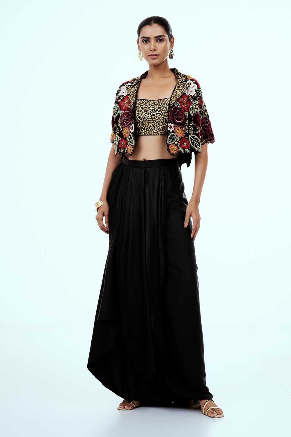 Black Raw Silk Indo-Western Set with Thread Work