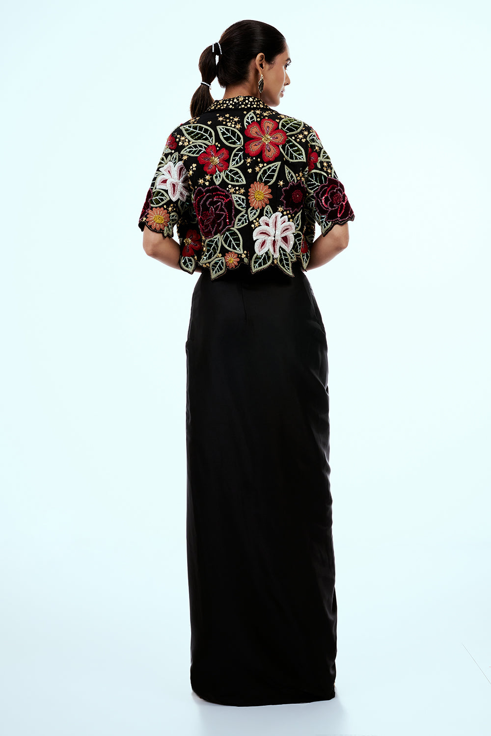 Black Raw Silk Indo-Western Set with Thread Work