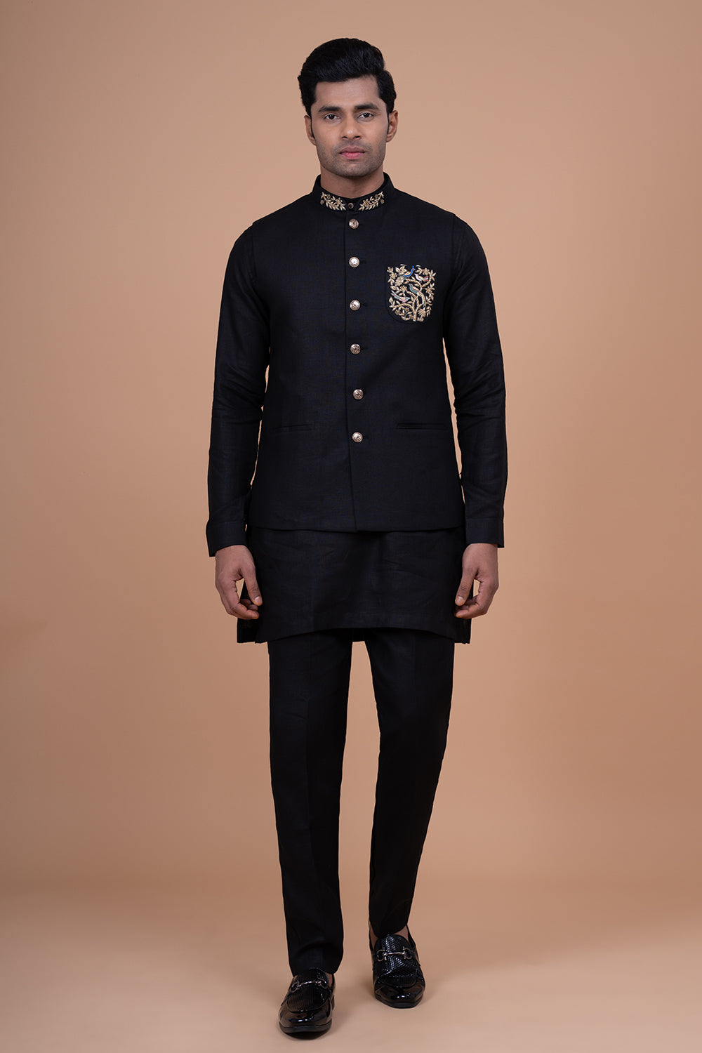 Black Raw Silk Nehru Jacket