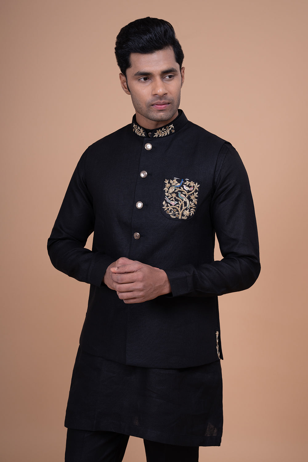 Black Raw Silk Nehru Jacket