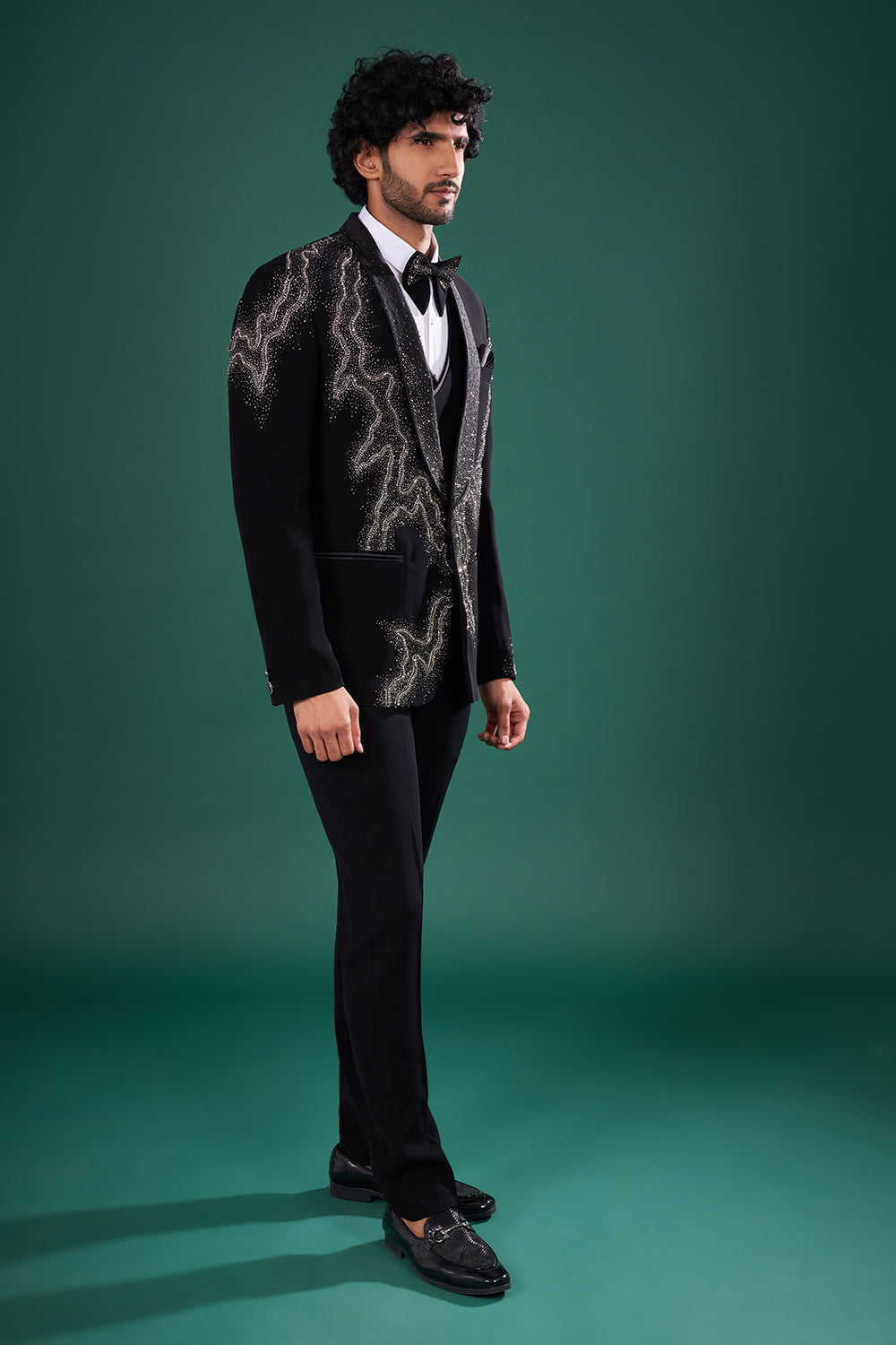 Black Rayon Tuxedo Set with Crystal Embroidery