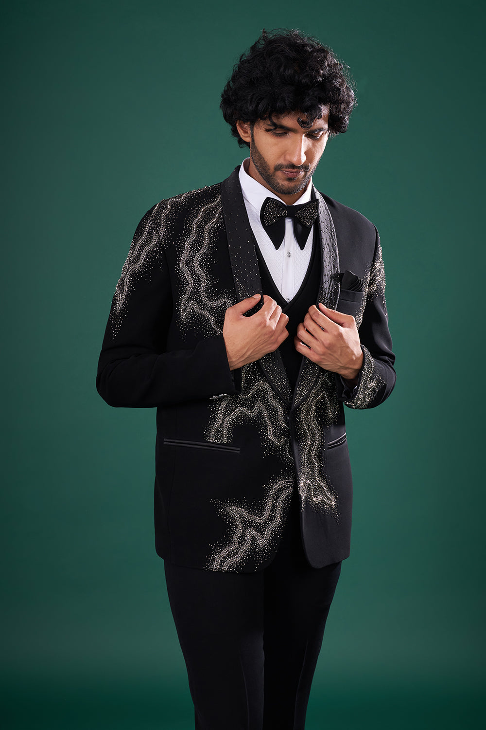 Black Rayon Tuxedo Set with Crystal Embroidery