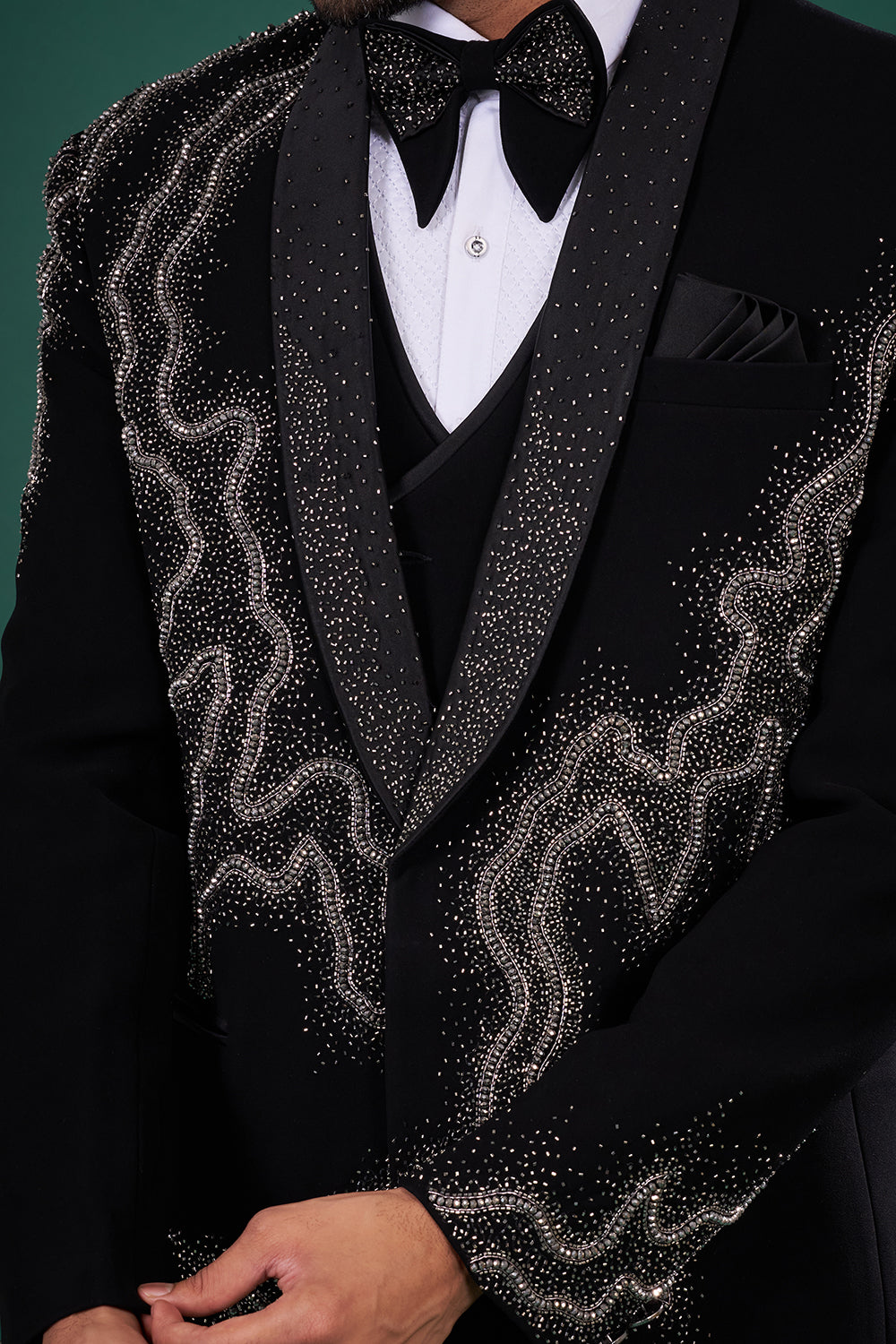 Black Rayon Tuxedo Set with Crystal Embroidery