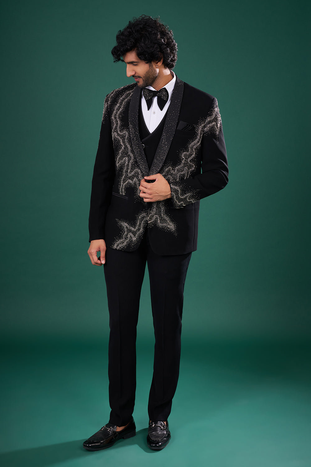 Black Rayon Tuxedo Set with Crystal Embroidery