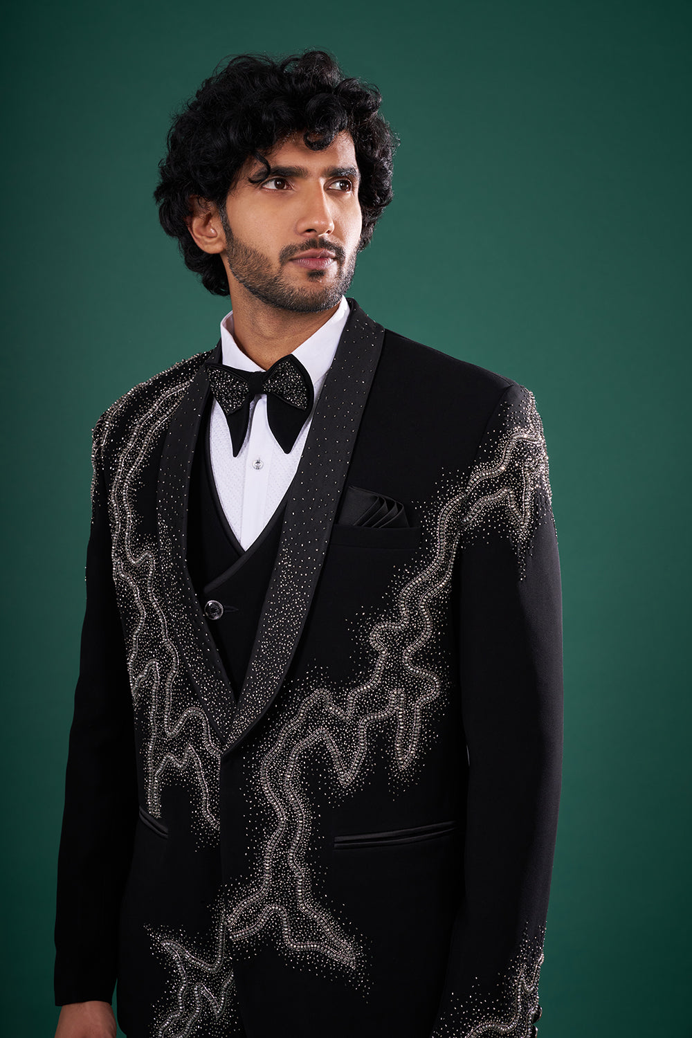 Black Rayon Tuxedo Set with Crystal Embroidery