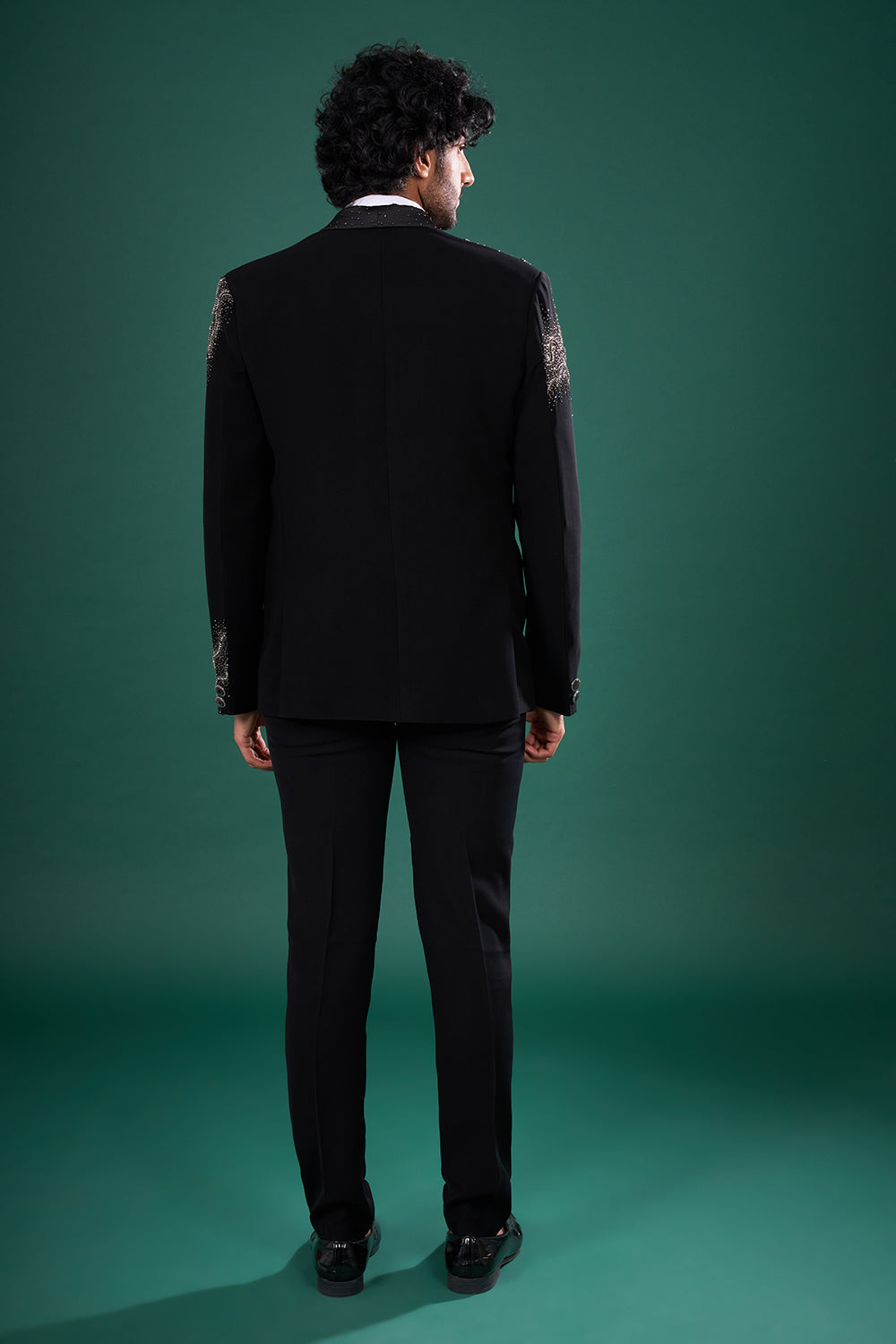 Black Rayon Tuxedo Set with Crystal Embroidery
