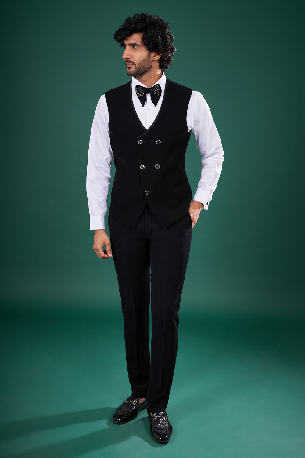 Black Rayon Tuxedo Set with Crystal Embroidery