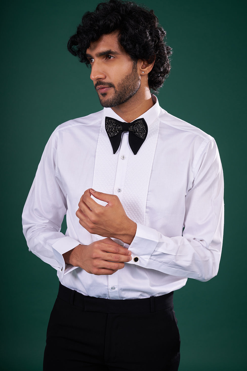 Black Rayon Tuxedo Set with Crystal Embroidery