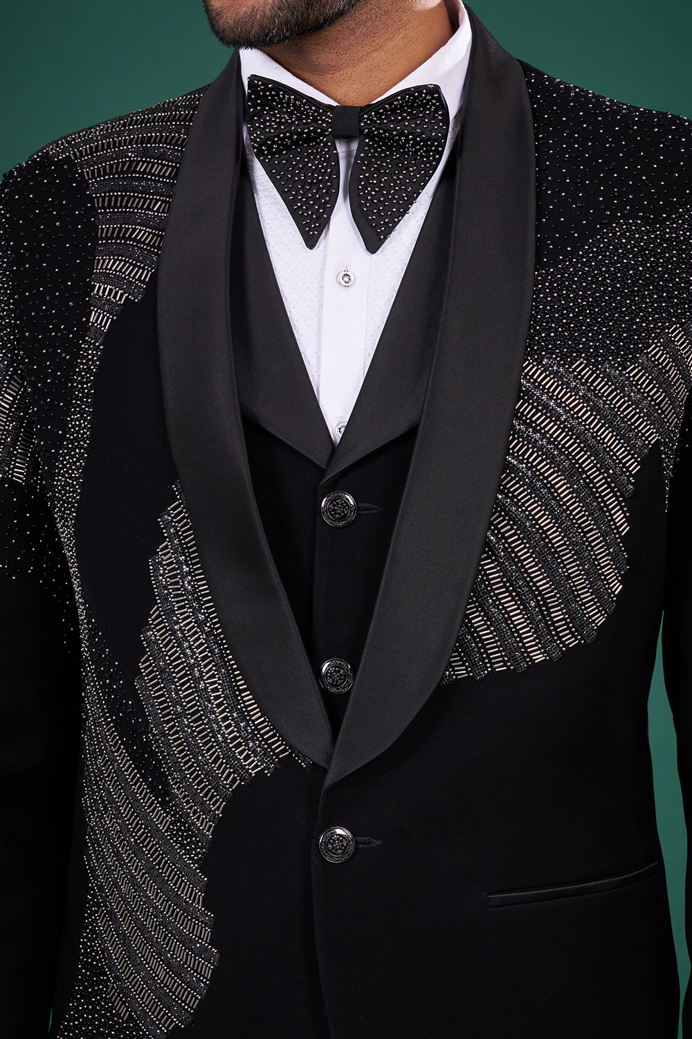 Black Rayon Tuxedo Set with Linear Stone and Bead Work