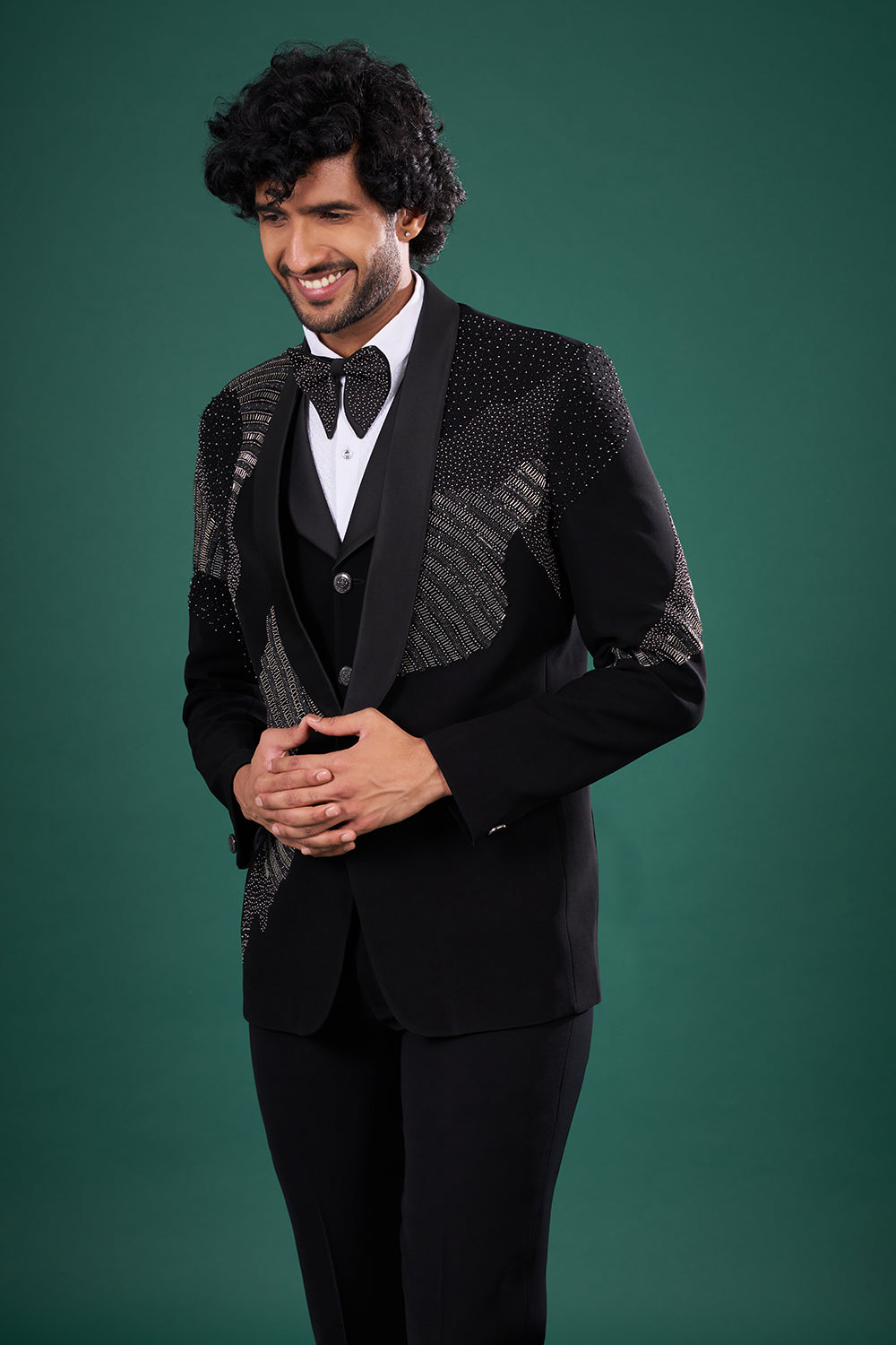 Black Rayon Tuxedo Set with Linear Stone and Bead Work