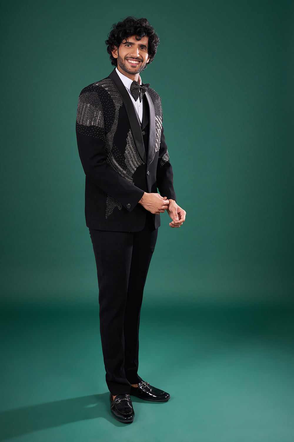 Black Rayon Tuxedo Set with Linear Stone and Bead Work