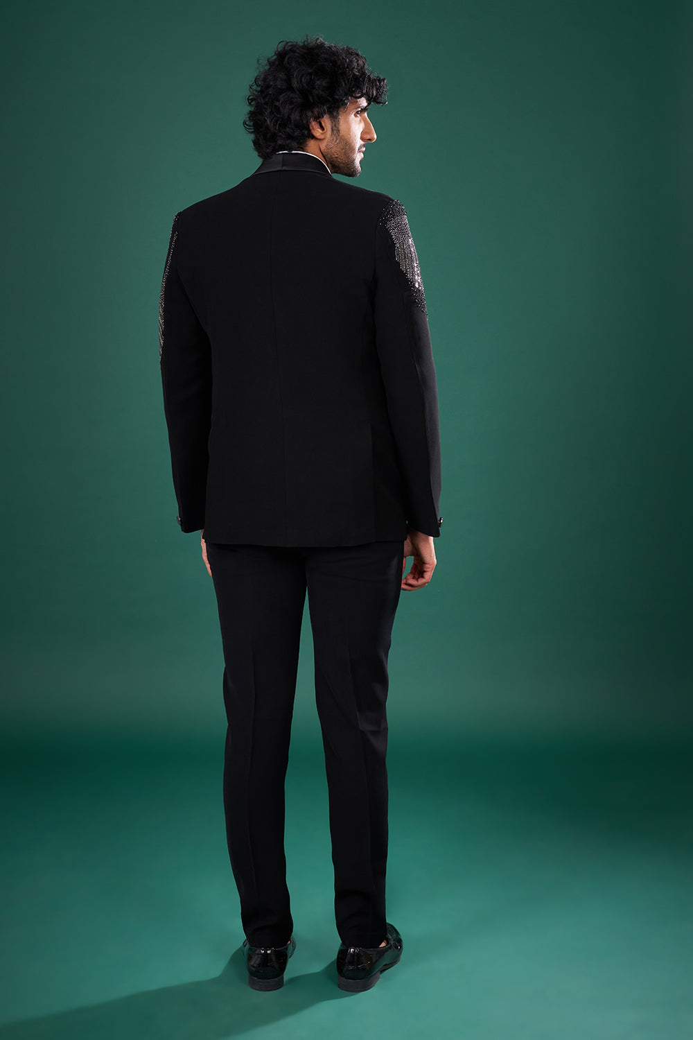 Black Rayon Tuxedo Set with Linear Stone and Bead Work
