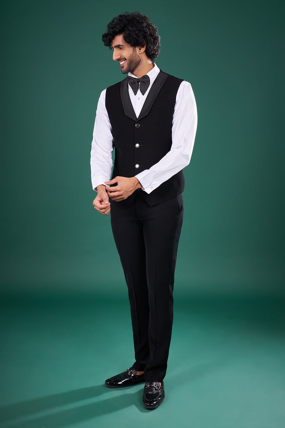 Black Rayon Tuxedo Set with Linear Stone and Bead Work