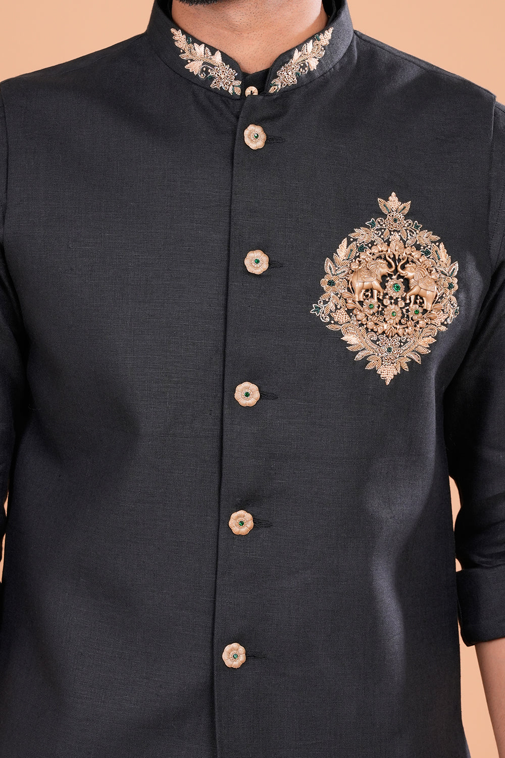 Black Regal Linen Embroidered Bundi Set