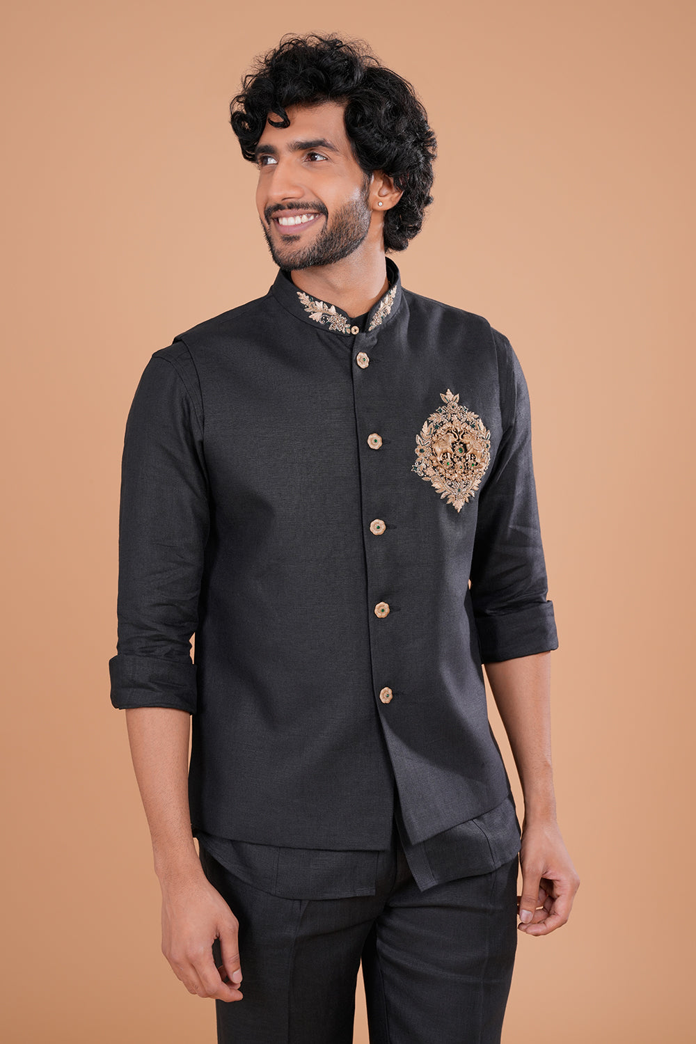 Black Regal Linen Embroidered Bundi Set