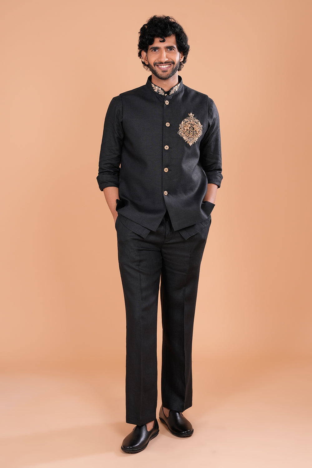 Black Regal Linen Embroidered Bundi Set