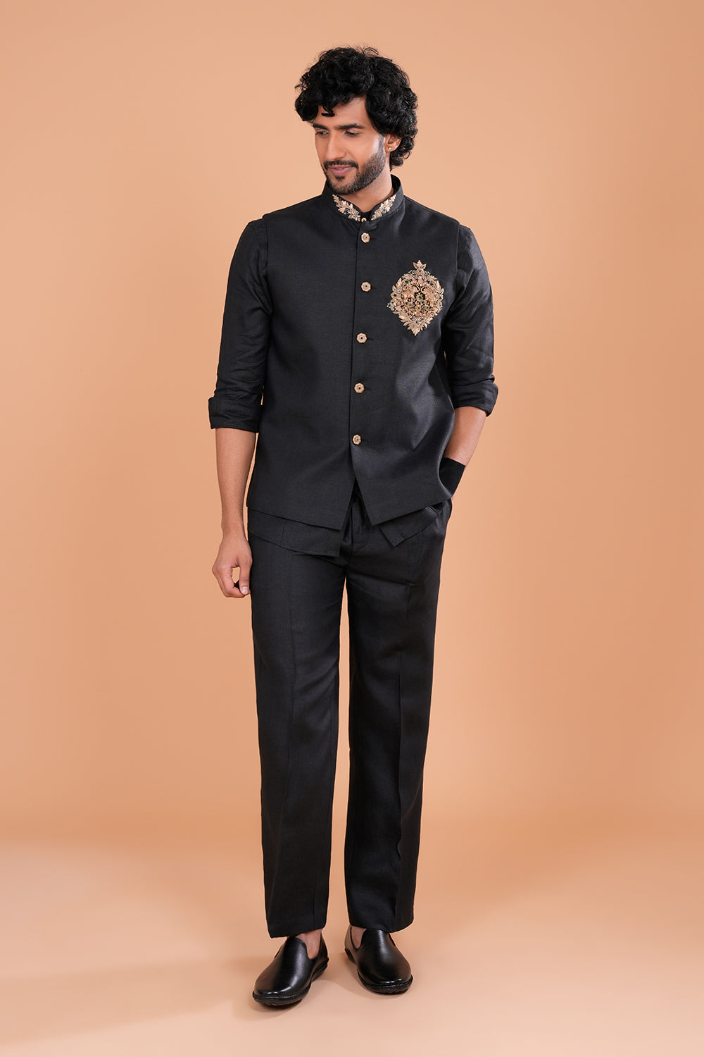 Black Regal Linen Embroidered Bundi Set