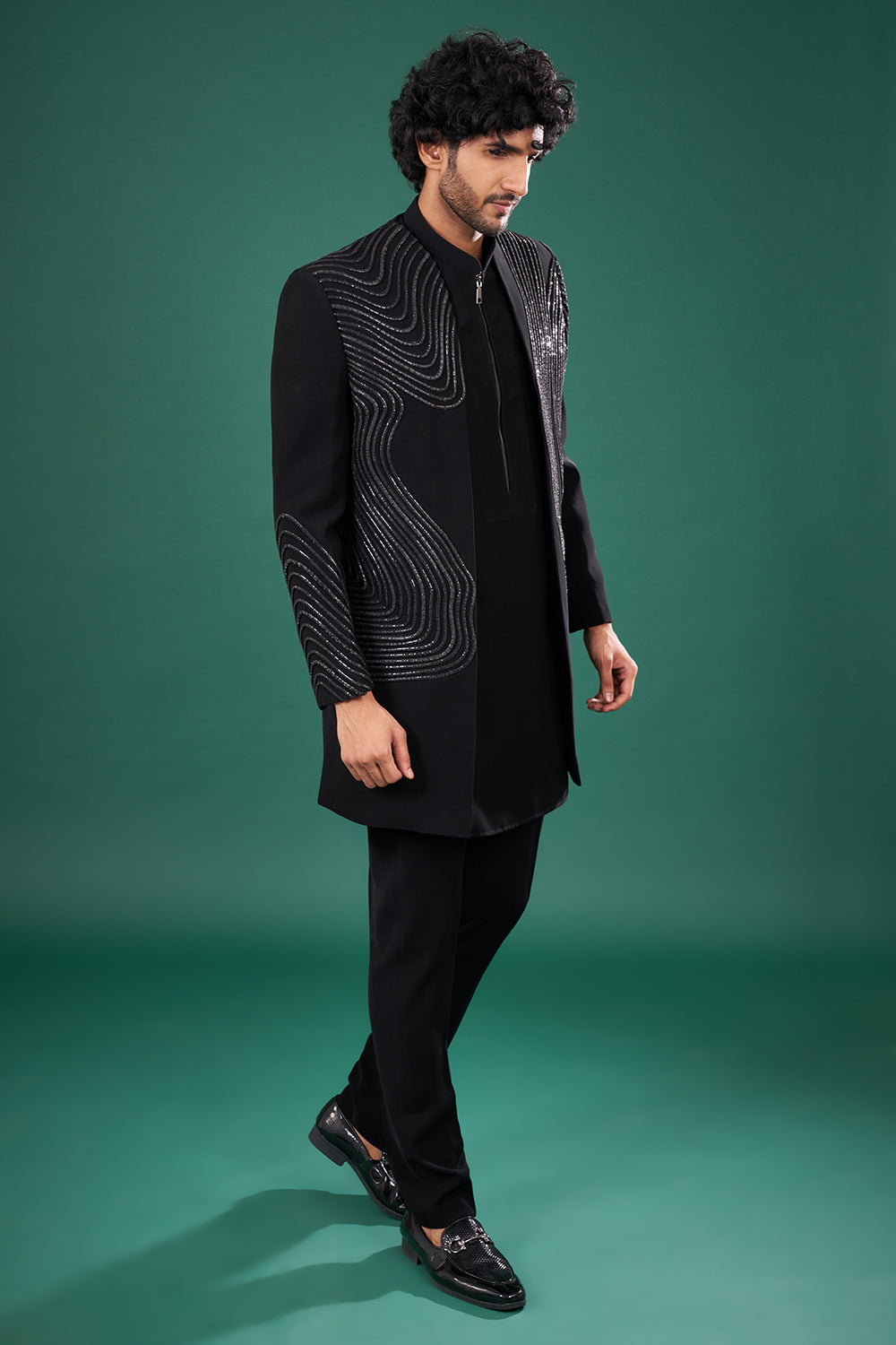 Black Satin Embellished Indo-Western Set