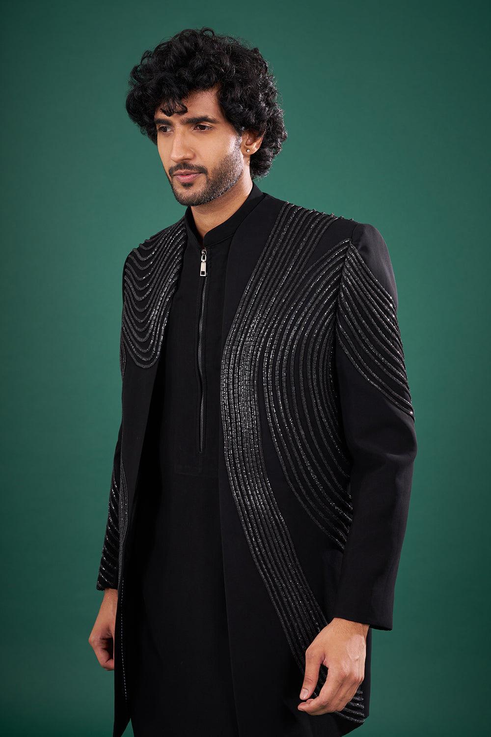 Black Satin Embellished Indo-Western Set