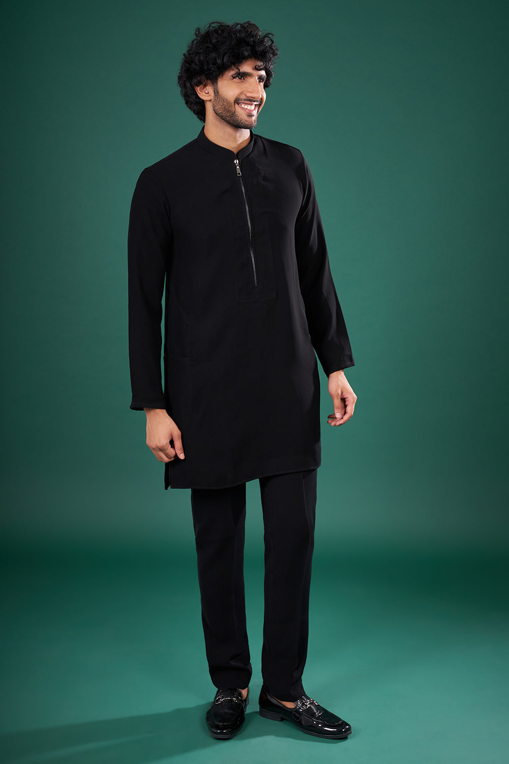 Black Satin Embellished Indo-Western Set