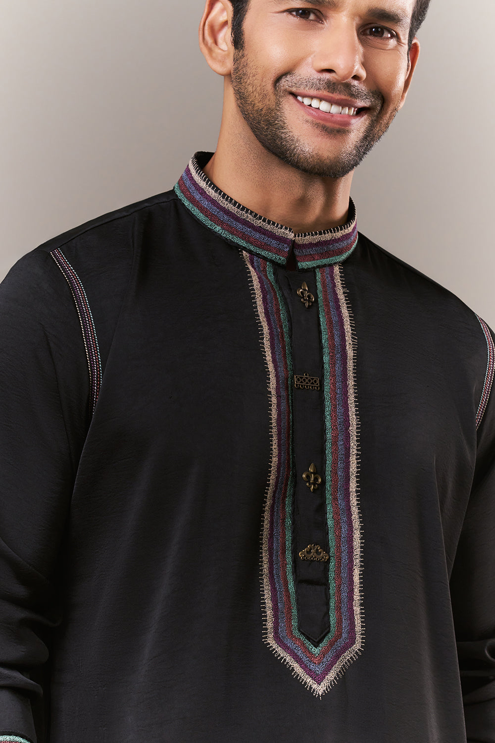 Black Satin Mens Kurta Set with Thread Work