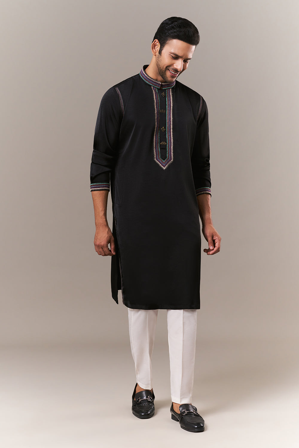 Black Satin Mens Kurta Set with Thread Work