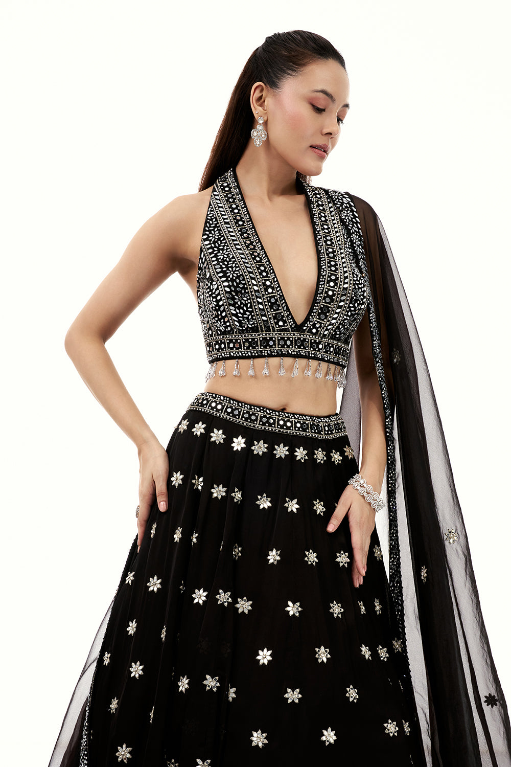Black Satin Lehenga with Mirror and Tassel Work