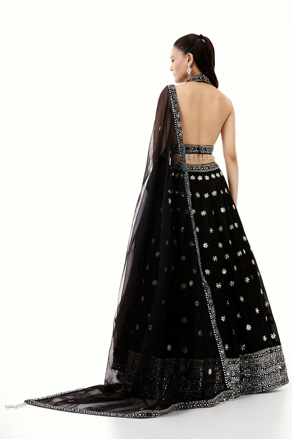Black Satin Lehenga with Mirror and Tassel Work