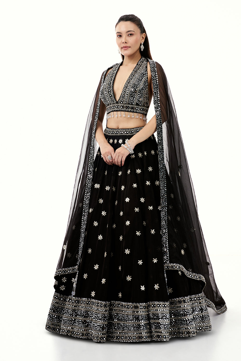 Black Satin Lehenga with Mirror and Tassel Work