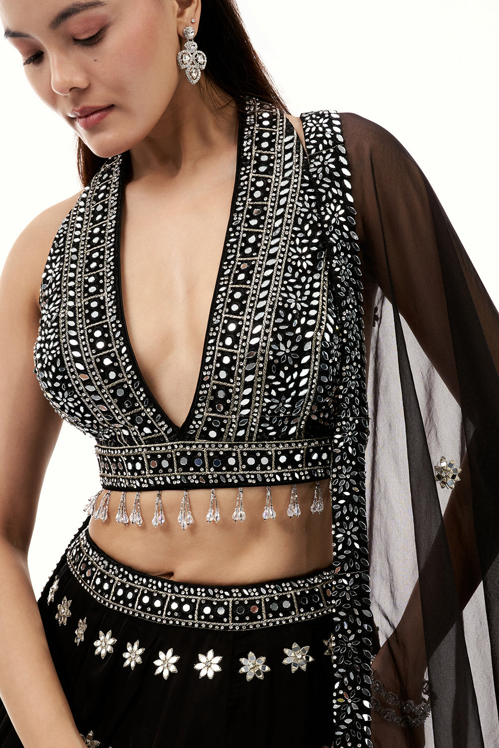 Black Satin Lehenga with Mirror and Tassel Work