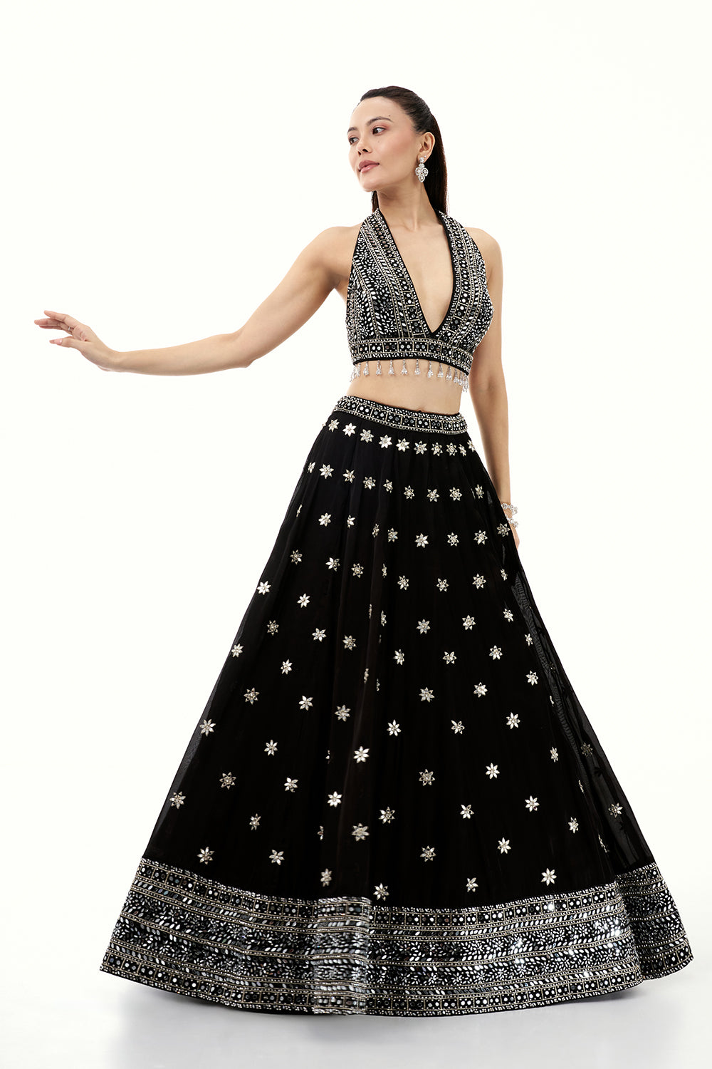 Black Satin Lehenga with Mirror and Tassel Work