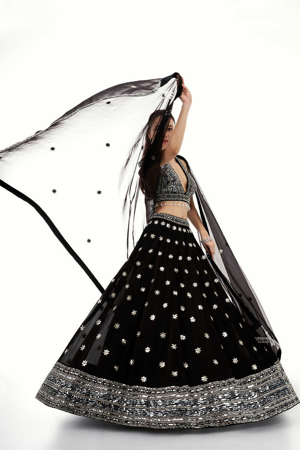 Black Satin Lehenga with Mirror and Tassel Work