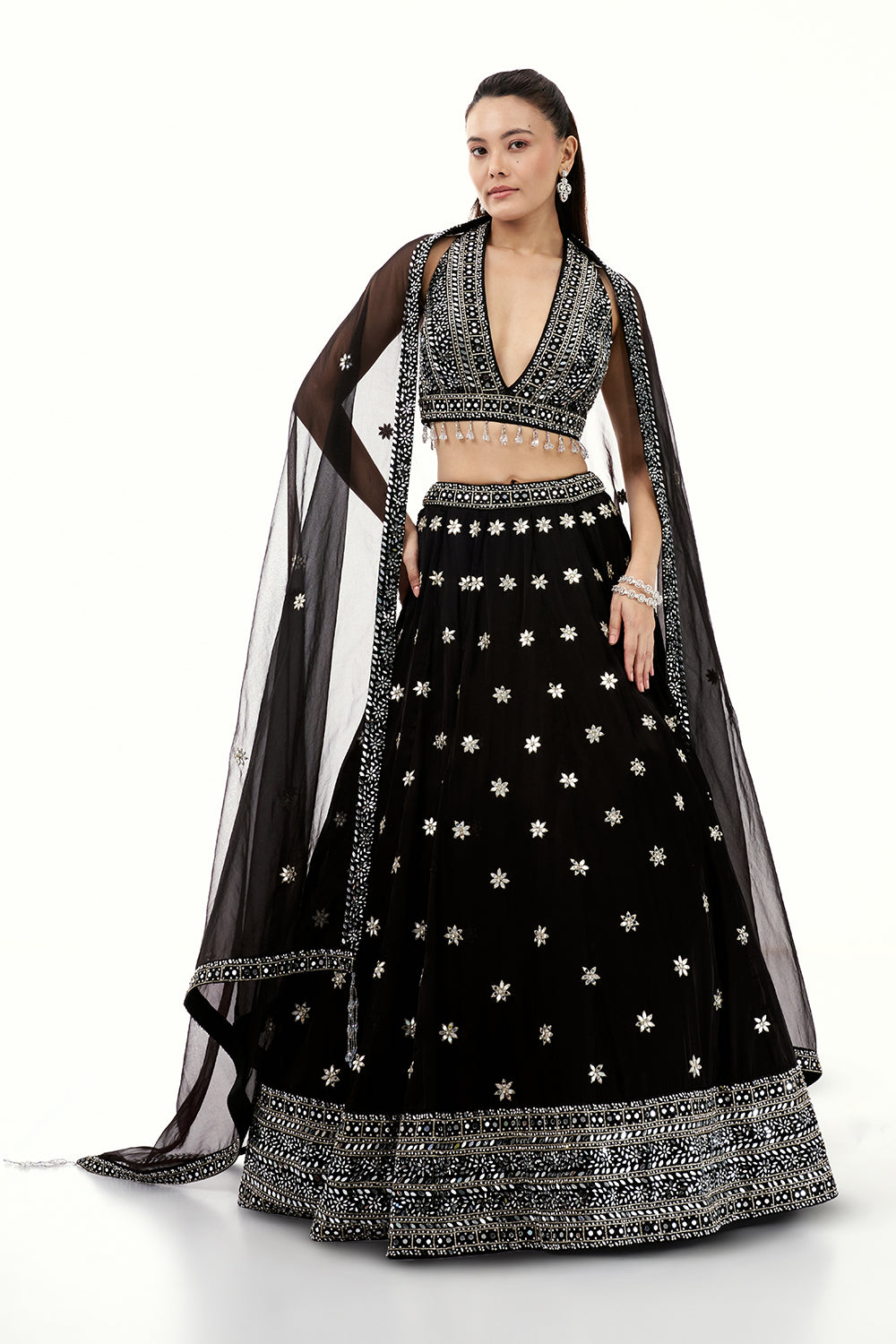 Black Satin Lehenga with Mirror and Tassel Work