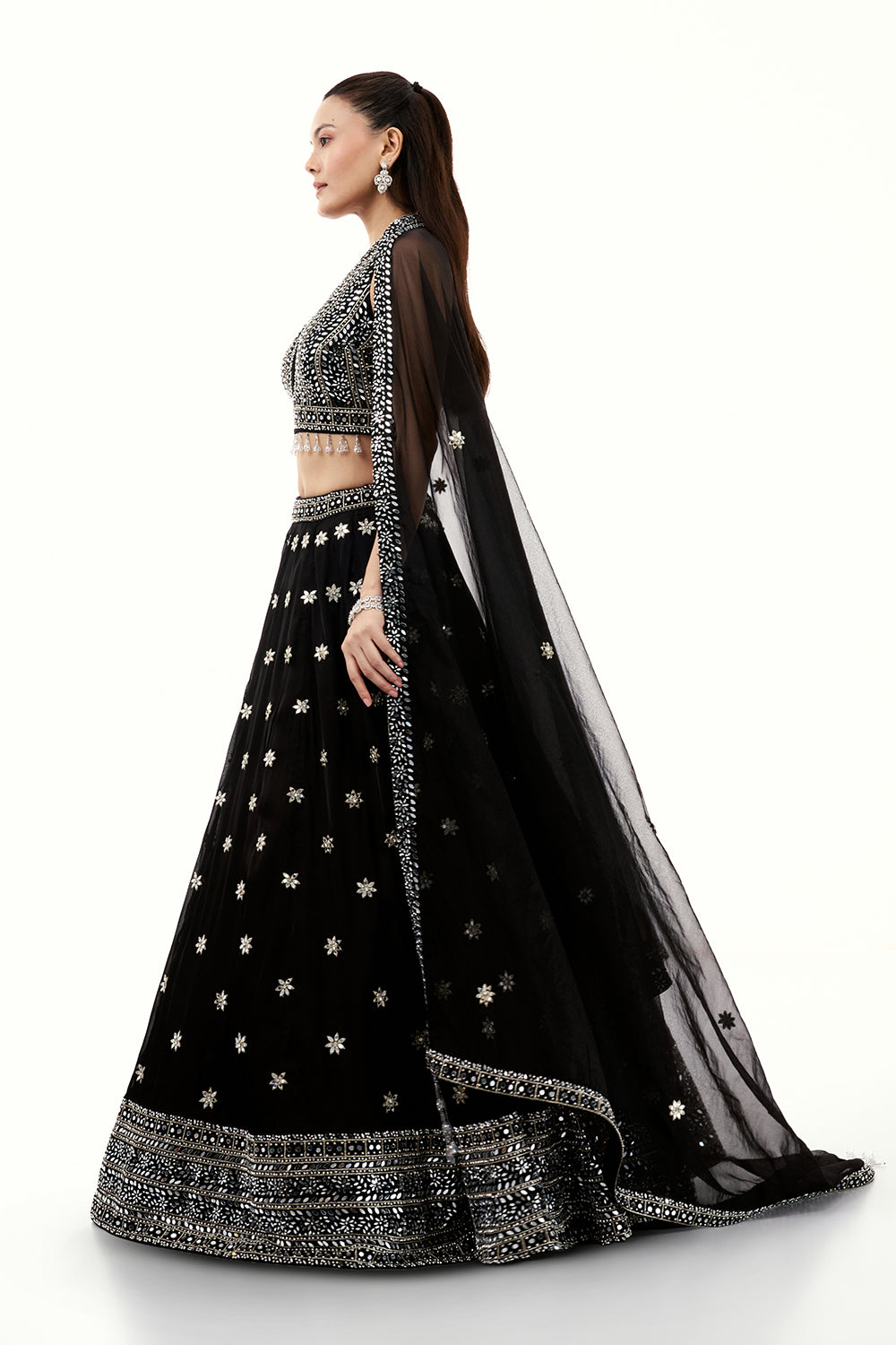 Black Satin Lehenga with Mirror and Tassel Work