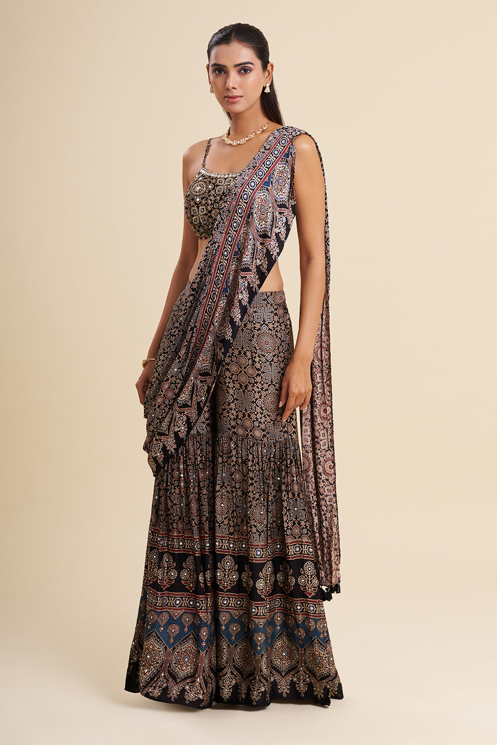 Black Satin Modal Fusion Set with Ajrakh Work