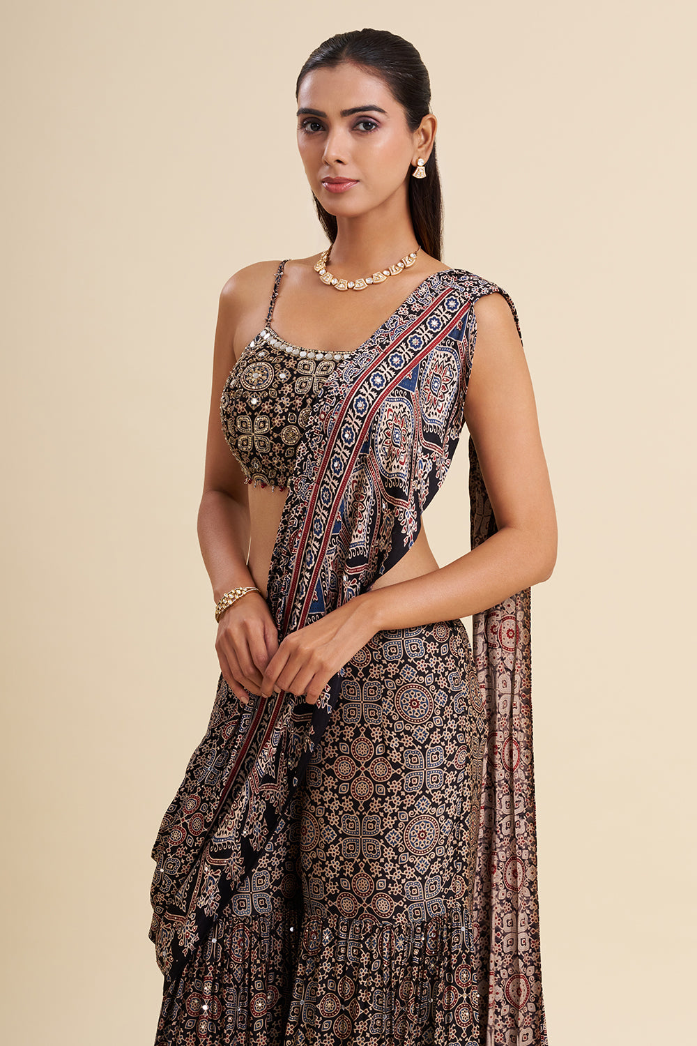 Black Satin Modal Fusion Set with Ajrakh Work