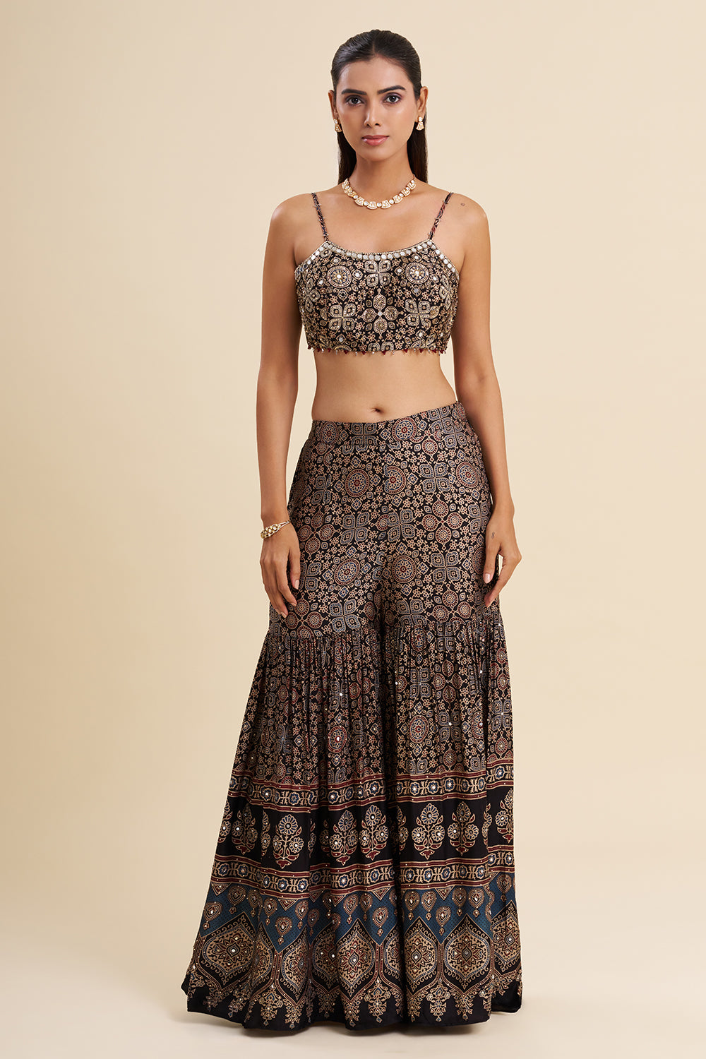 Black Satin Modal Fusion Set with Ajrakh Work