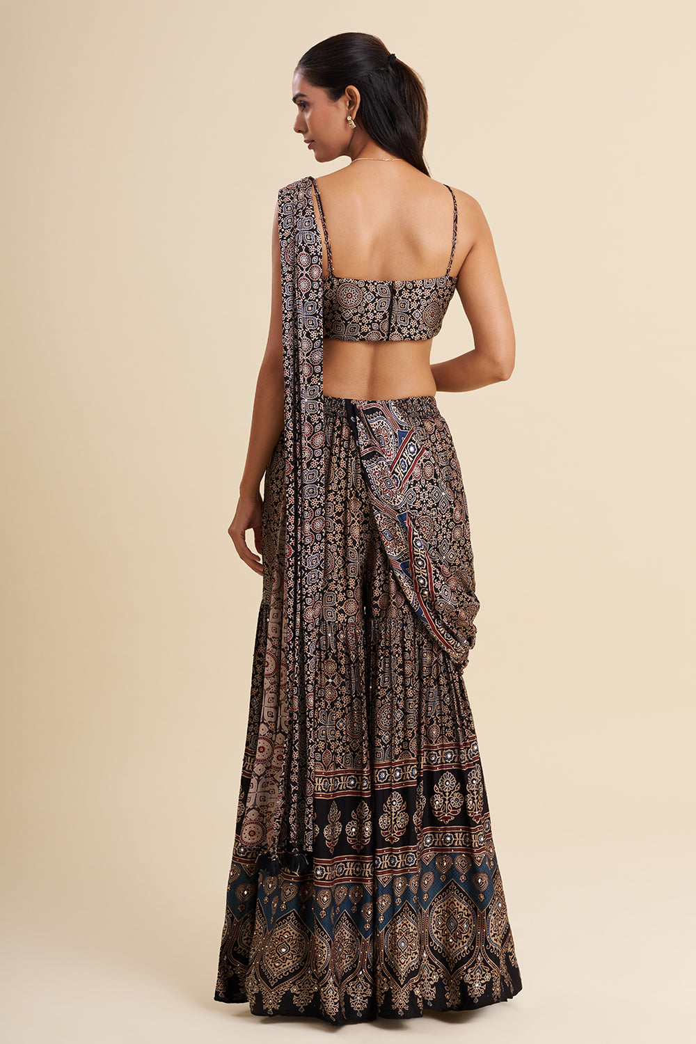 Black Satin Modal Fusion Set with Ajrakh Work