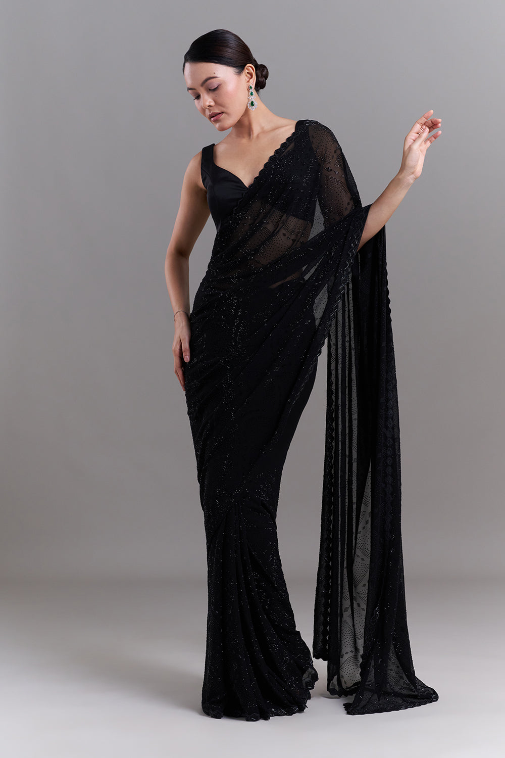 Black Satin Saree with Diamond Geometric Detailing
