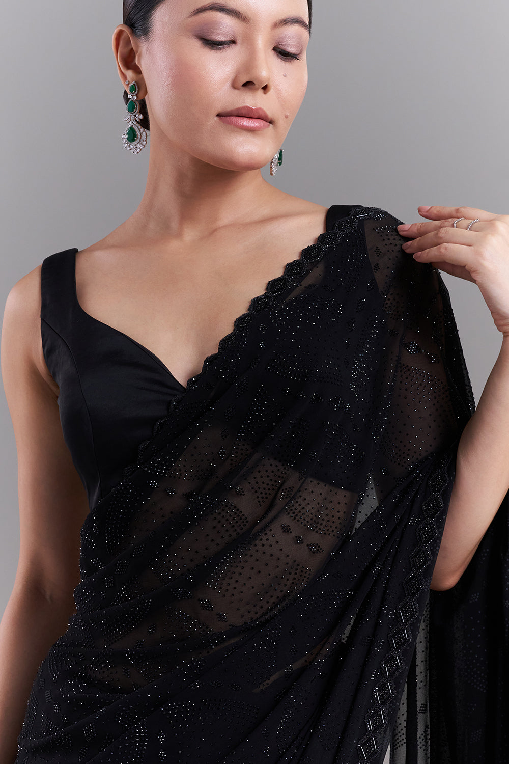 Black Satin Saree with Diamond Geometric Detailing