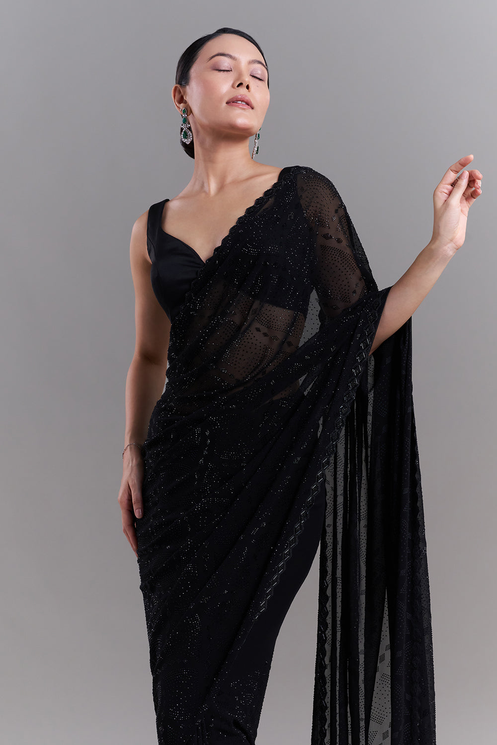 Black Satin Saree with Diamond Geometric Detailing