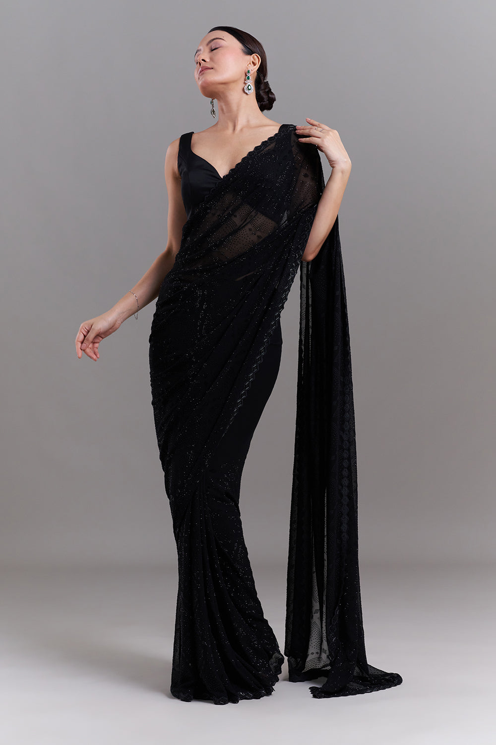 Black Satin Saree with Diamond Geometric Detailing