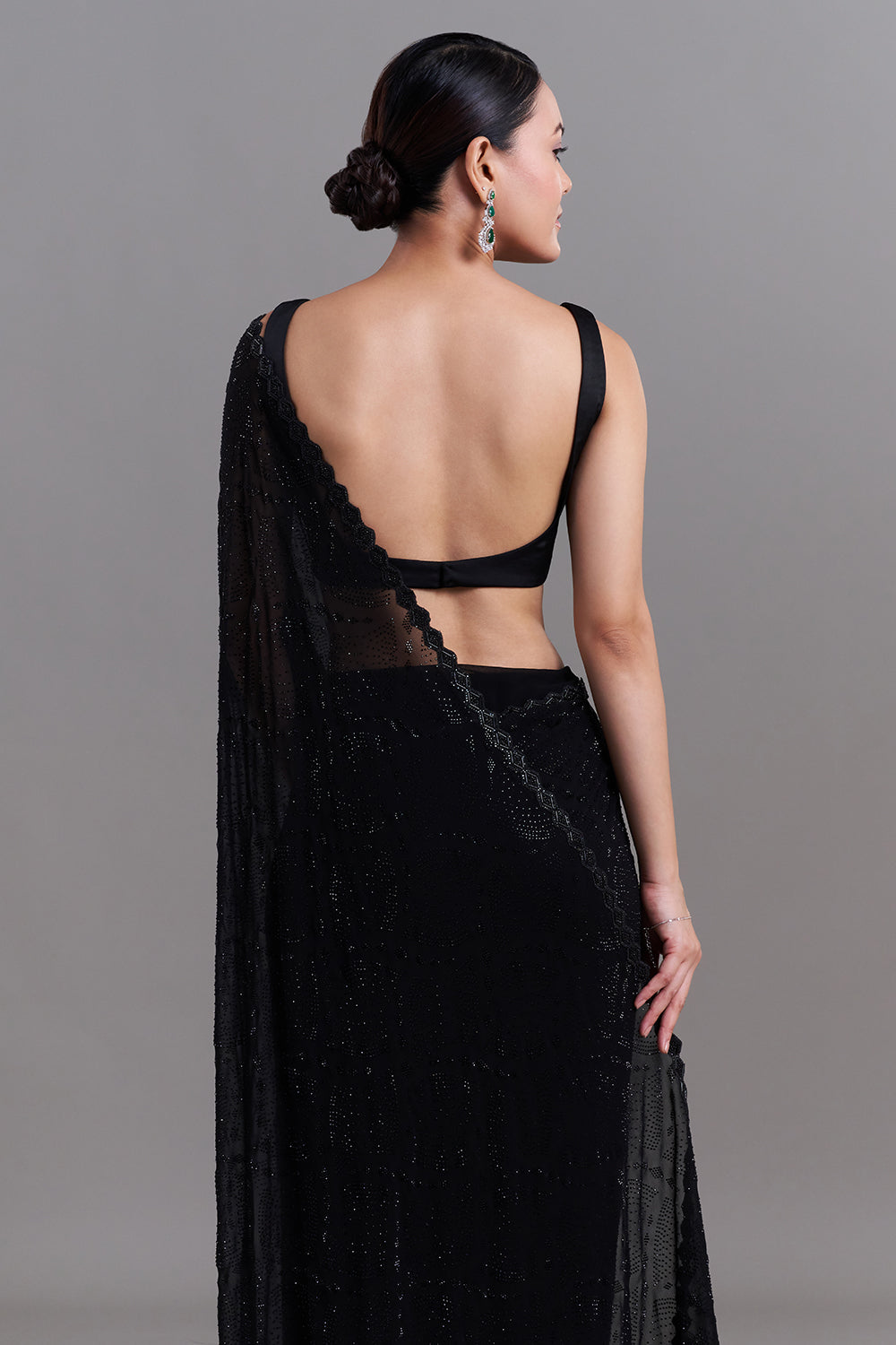 Black Satin Saree with Diamond Geometric Detailing
