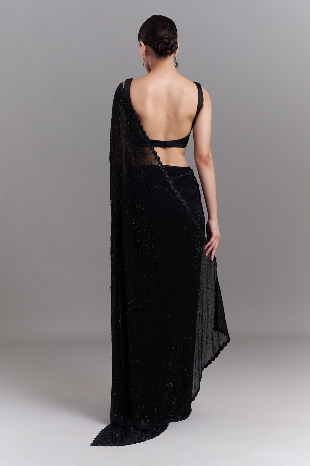 Black Satin Saree with Diamond Geometric Detailing