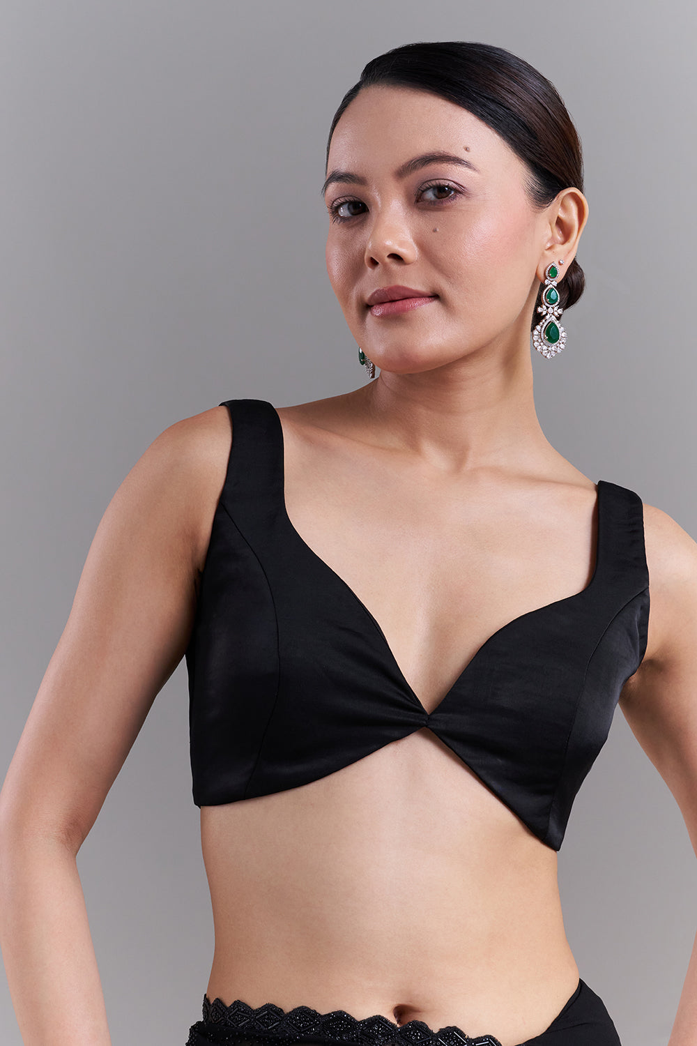 Black Satin Saree with Diamond Geometric Detailing