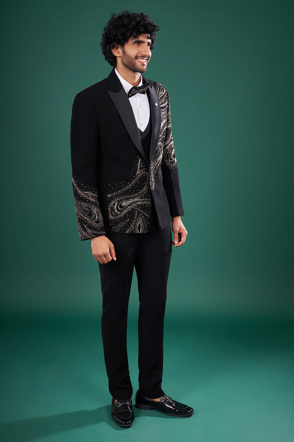 Black Satin Tuxedo Set with Bead Embroidery
