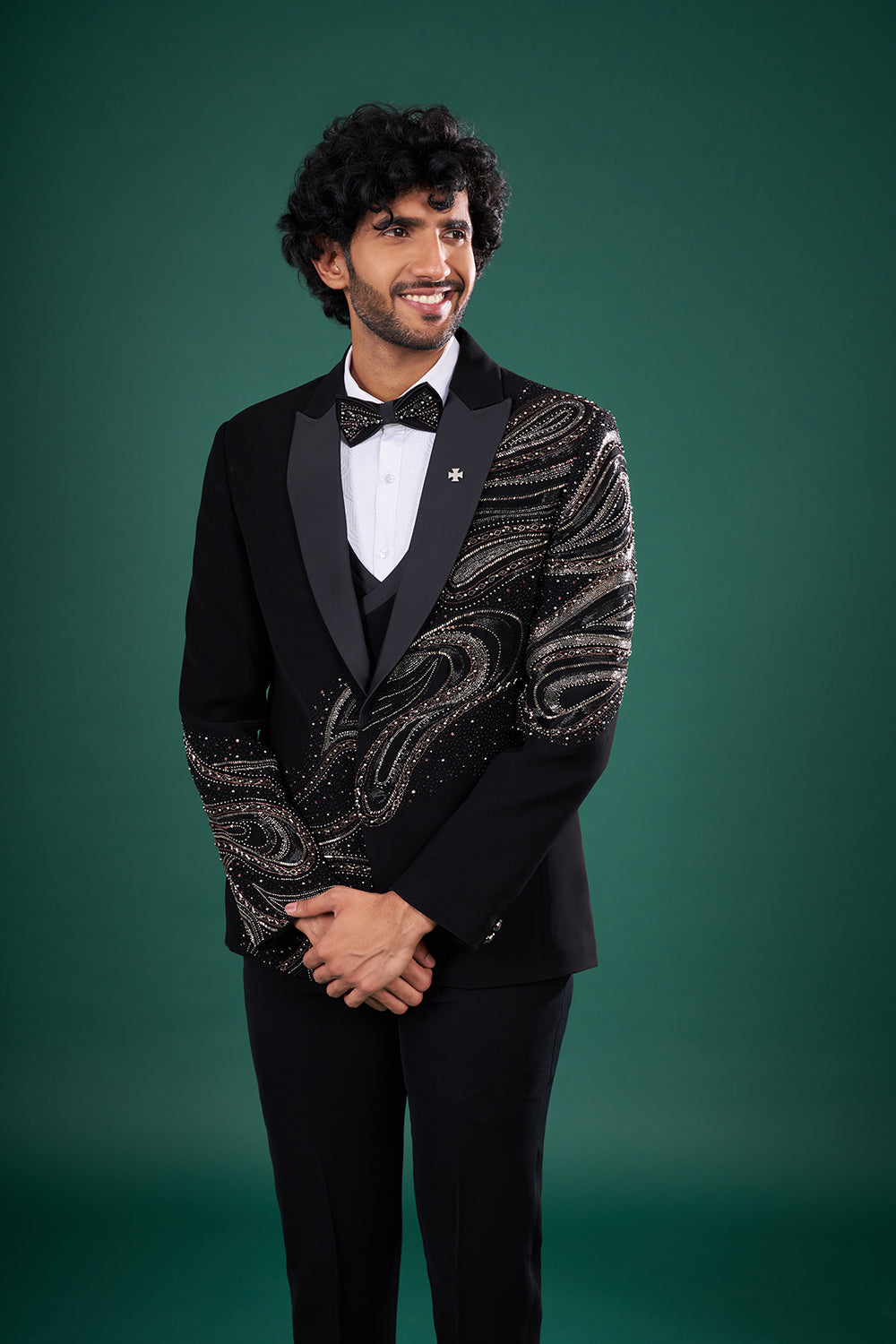 Black Satin Tuxedo Set with Bead Embroidery