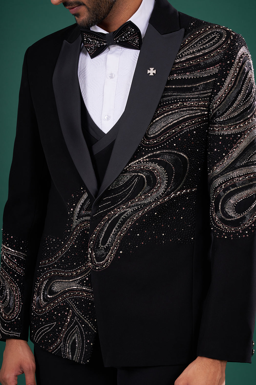 Black Satin Tuxedo Set with Bead Embroidery