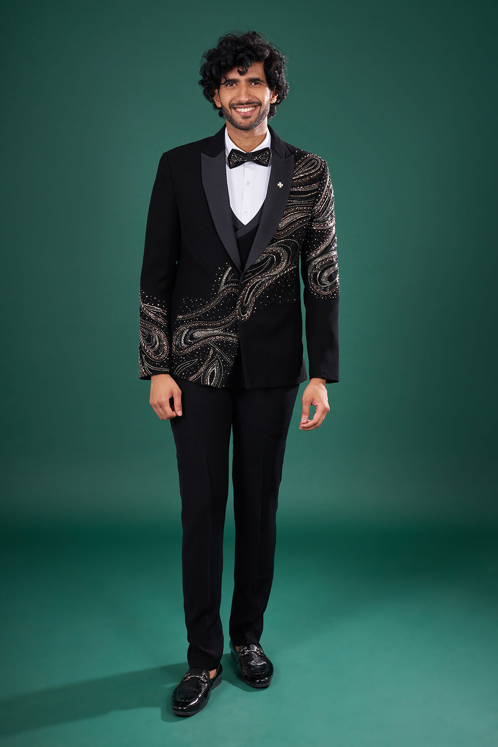 Black Satin Tuxedo Set with Bead Embroidery