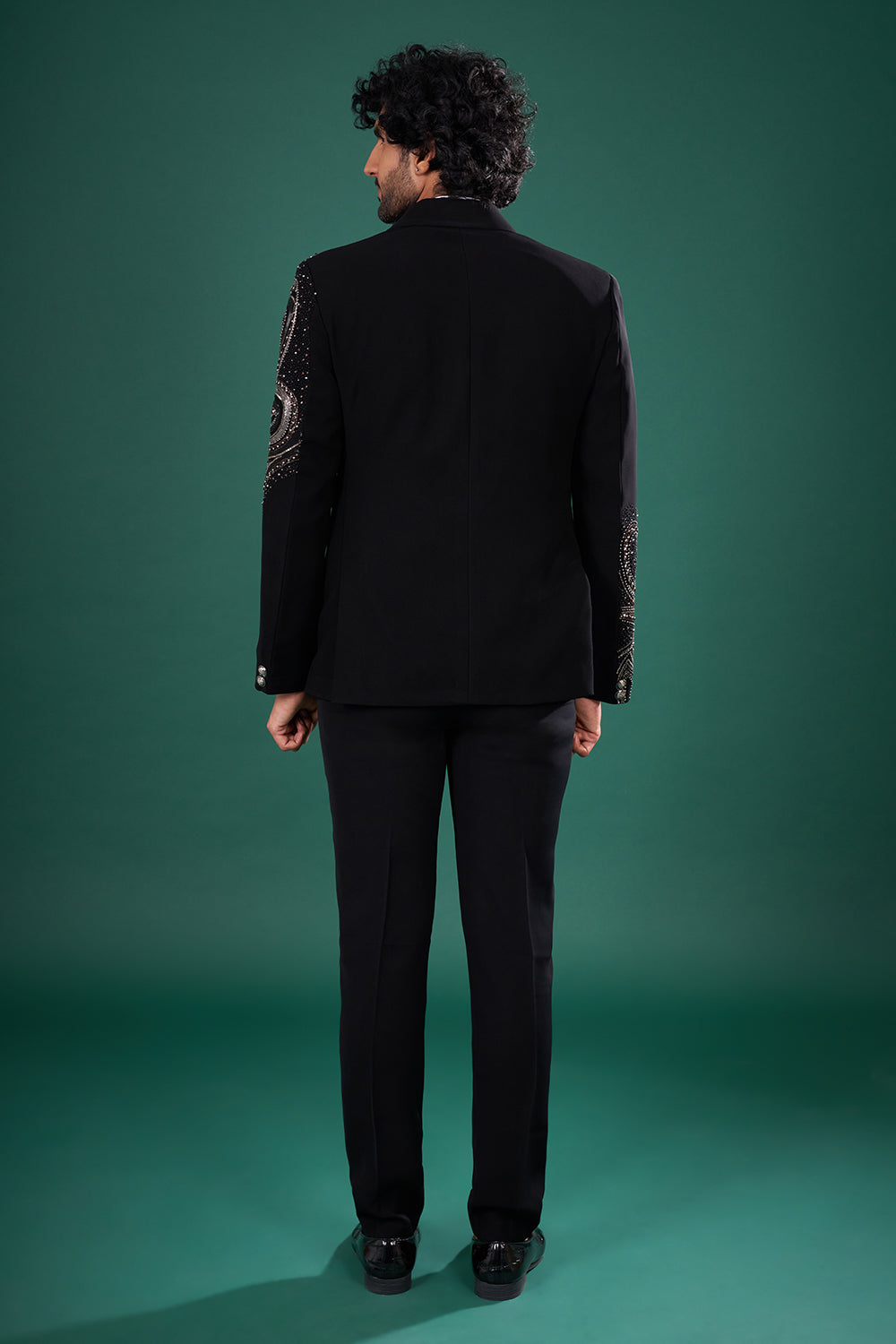 Black Satin Tuxedo Set with Bead Embroidery